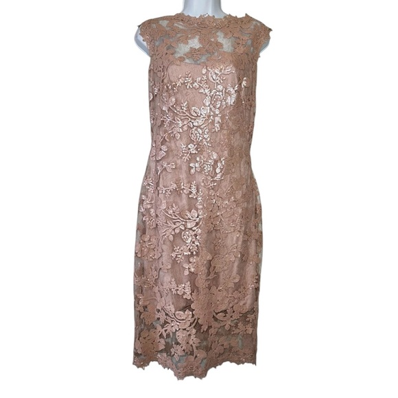 TADASHI SHOJI Women's Blush Pink Sequin Illusions Lace Sheath Dress- Size 8 TADASHI SHOJI Women's Blush Pink Sequin Illusions Lace Sheath Dress- Size 8